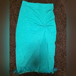 Teal Ruched Midi Skirt with Fringe
